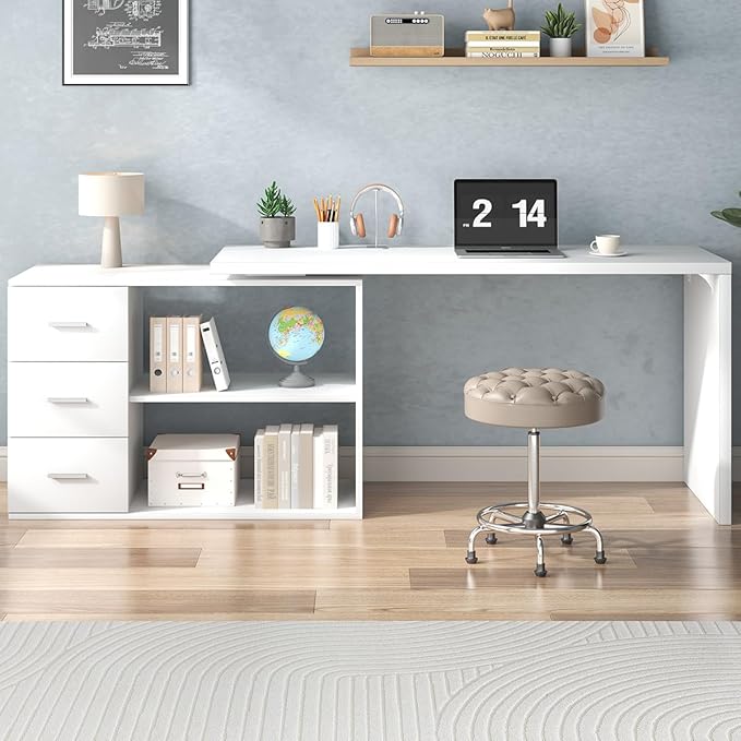HSH White L Shaped Desk with Drawers Shelves Corner Home Office Desk L Shape with Storage Cabinet Large Wood Computer Desk for PC Executive Work Writing Study Modern Living Room Bedroom Table60 In