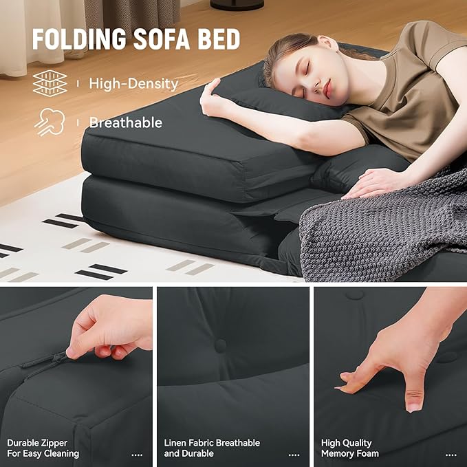 LUCKLIFE Folding Sofa Bed Convertible Floor Sofa with Pillows Fabric Floor Couch &amp Memory Foam Foldable Mattress with Washable Cover for Living Room Guest Room Dorm (Black)