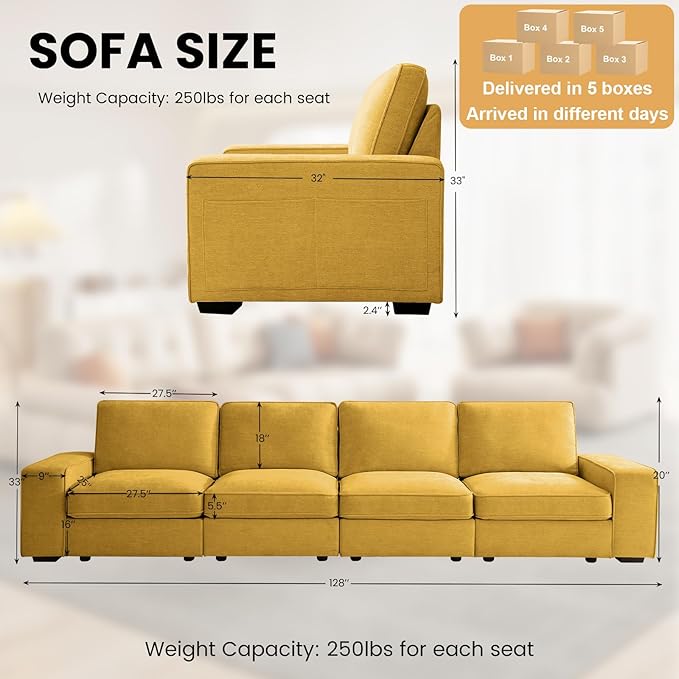 TEKAMON 128 Modular Sofa Couch with Seat Storage Chenille SofaModern Comfy 4-Seater Couch for Living Room Office Apart W/Deep Seat Wide Armrest USB Pockets Removable Covers (Yellow)