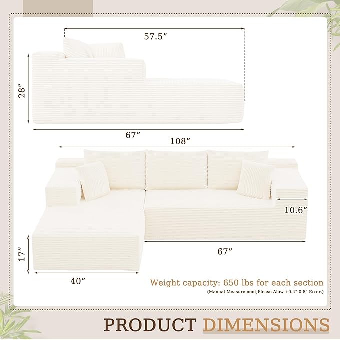 YESHOMY Boneless Couches for Living Room 108 Sectional Modular Sectional Sofa with Deep Seat Cloud Comfy Couch with L-Shape Chaise Easy Assembly (Corduroy Cream)