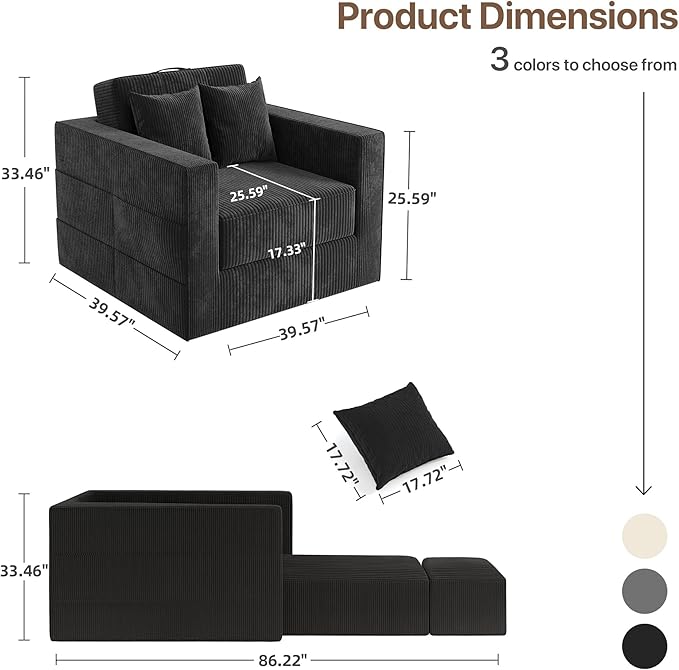 Claiks Convertible Sofa Bed2 in1 Folding Sofa BedArmchair Sleeper Sofa Boneless Corduroy Couch with 2 Pillows for Living Room BedroomBlack