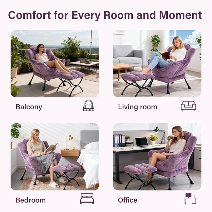 Lazy Chair with Ottoman Modern Accent Chair Contemporary Lounge Leisure Sofa Chair with Armrests Reading Chair and Folding Footstool Set for Living Room Bedroom Office