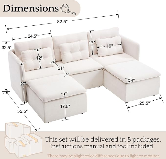 LukeAlon U Shaped 3 Seater Modular Sectional Sofa Couch with Waist Pillow Modern Chenille Sofa Set with Two Ottoman 82.5 Comfy Upholstered Lounge Sleeper Sofa Couch for Living Room Apartment Beige