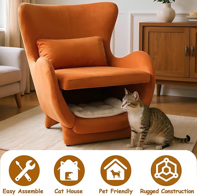 Orange Accent Chair with Curved Arms Velvet Upholstered Wingback Chair with Lumbar Pillow Comfy Reading Chair with Cat House for Bedroom Living Room 300 LBS Capacity (B)