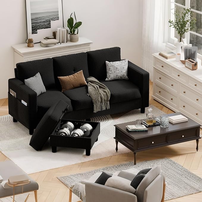 JAMFLY Convertible Sectional Couches for Living Room L-Shaped Couch 3 Seat Sectional Sofa Set with Corduroy Fabric and Movable Ottoman Small Couch for Apartments Office(Black)