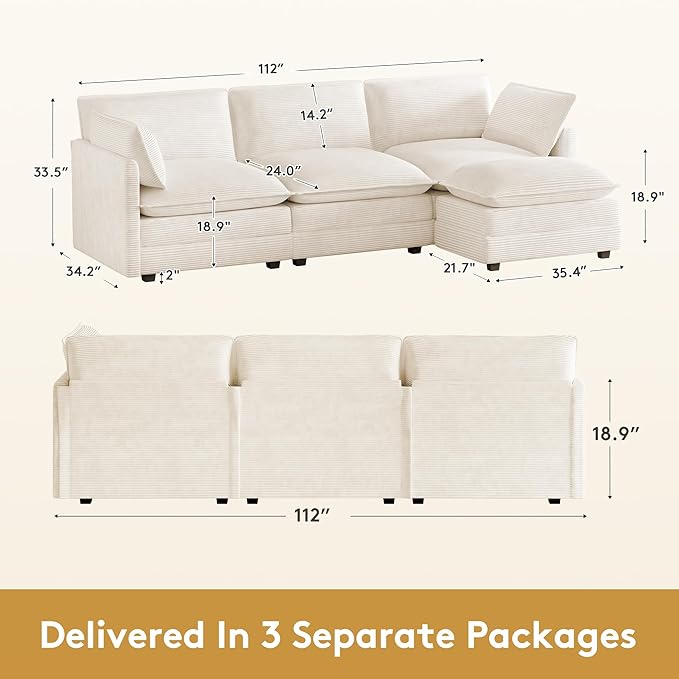 ROWHY 112'' Oversized Modular Sectional Cloud Couch with Movable Ottoman 4 Seat Modern Corduroy Sofa Deep Seat L Shaped Couch for Living Room Bedroom Apartment Cream