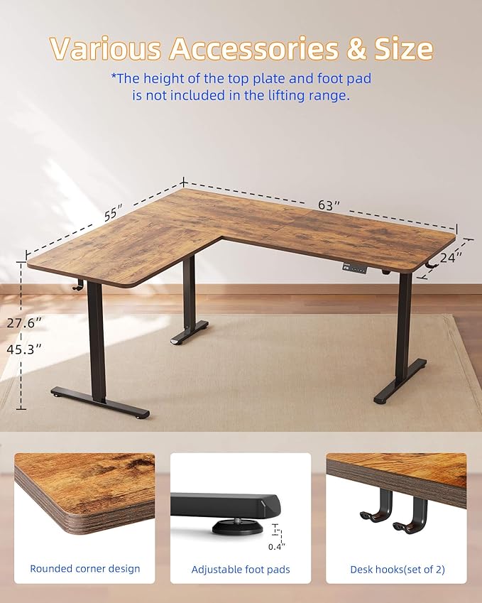YIHAYO L Shaped Standing Desk Adjustable Height 63 x 55 Inches Electric Corner Standing Desk with Splice Board Computer Desk for Home Office Rustic Brown