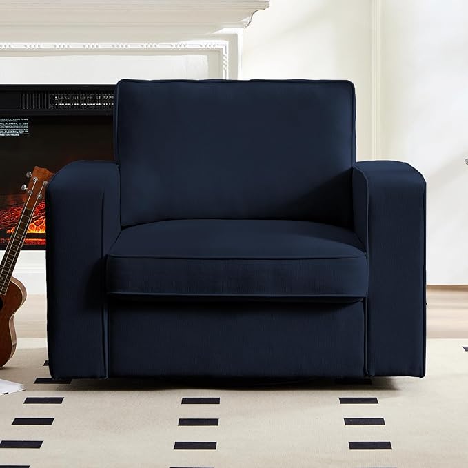Mjkone Upholstered 360° Swivel Accent Chair with Metal Base Modern Chenille Swivel Single Sofa with Wide Armrests Mid-Century Single Sofa Square Reading Chair for Living Room Office Deep Blue