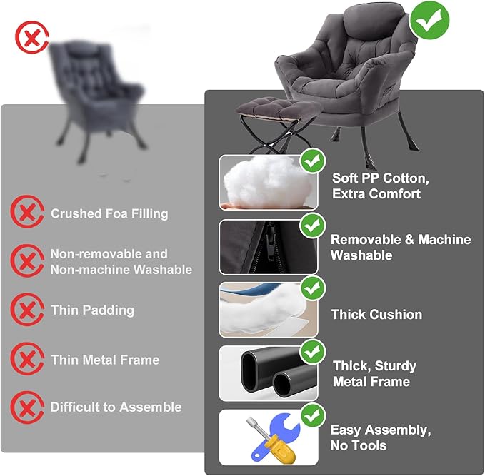 Lazy Chair with Ottoman Modern Chair with Folding Footrest Dark Grey Accent Chair Comfortable Reading Chair Oversized Armchairs for Bedroom Study Living Room Courtyard