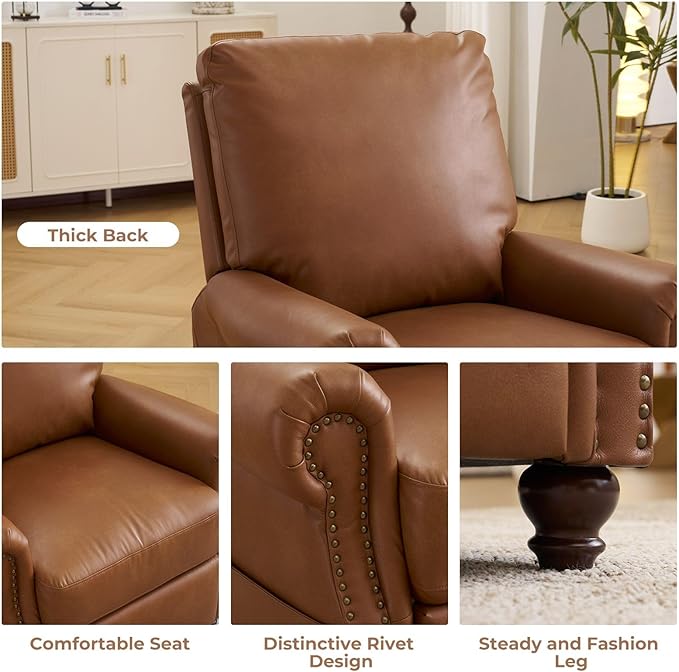 Pushback Recliner Chair with Massage and Heat Breathable Leather Recliner Chair with Overstuffed Backrest and Rivet Decoration Single Sofa Accent Chair for Living Room Camel