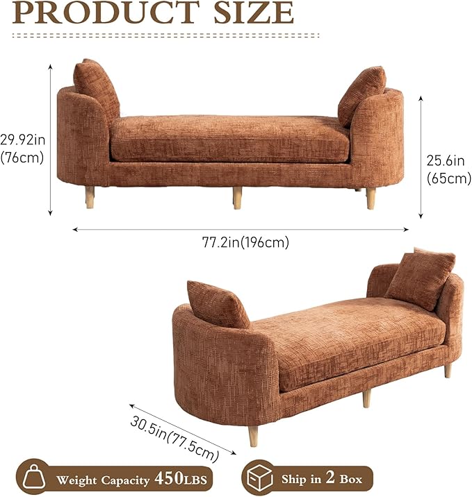 Chifee &amp Vingol 77.2 W Chaise Lounge Indoor Upholstered King Size End of Bed Bench with Arms Sleeper Sofa Daybed with Removable Pillows for Living Room Bedroom HallwayOrange