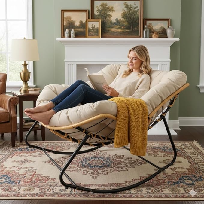 Oversized Large Rocker Chair for Adults Modern Portable Rocking Chairs for Living Room Indoor Outdoor Rocking Lounge ChairBeige