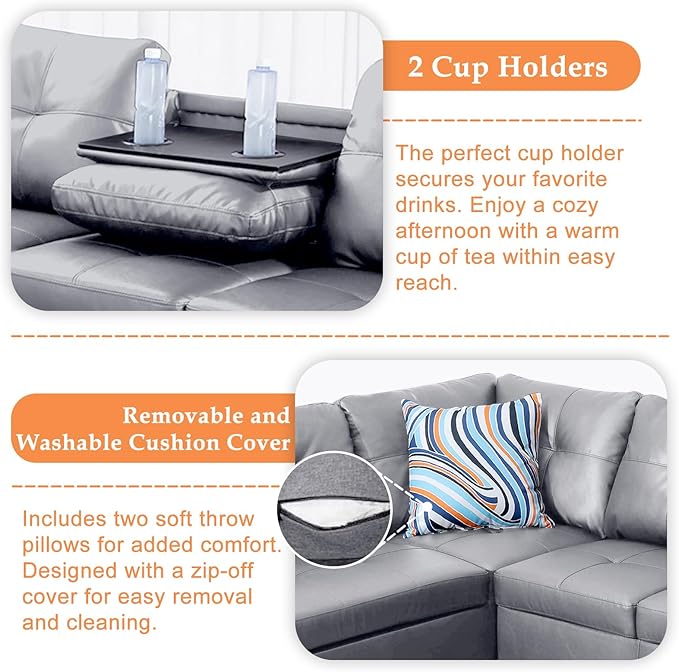 Wakefit Sectional Sofa Couch Modern 4-Seaters Living Room Furniture Sets with Chaise Lounge Ottoman &amp 2 Pillows | L Shape Couch | Cup Holder | Faux PU Leather Gray