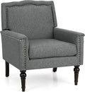Giantex Mid-Century Modern Accent Chair Grey Linen Fabric Upholstered Armchair w/Rubber Wood Legs Nailhead Trim Max Load 440 Lbs Comfy Single Sofa Side Chair for Living Room Bedroom