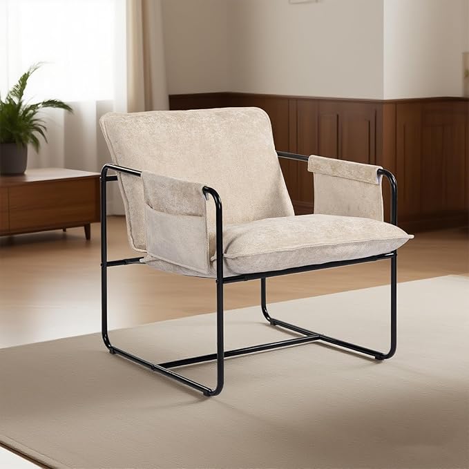 Modern Accent Chair Comfortable Living Room Chairs with Armrests Lounge Chair with Metal Frame Chenille Upholstered Bedroom Reading Chair
