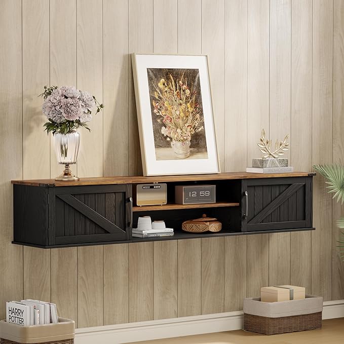 Floating TV Stand with Doors 63'' Farmhouse Floating TV Shelf for TVs up to 80 Inch 2 Tier Wall Mounted TV Stand Floating Entertainment Center TV Floating Cabinet for Living Room Bedroom Black