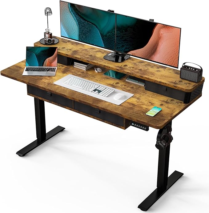 Kingant 55 x 24 Inch Electric Standing Desk with 4 Drawers Height Adjustable Sit to Stand Computer Desk with Storage Shelf and C-Clamp Mount Compatibility for Home Office Rustic Brown