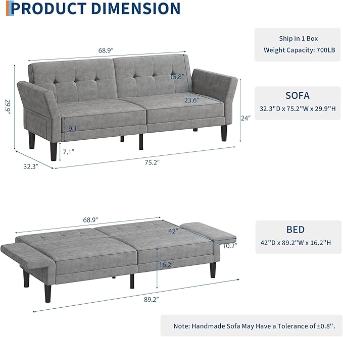 GarveeHome 89 Futon Sofa Bed Convertible Sleeper Sofa with Adjustable Backrest &amp Armrest Modern Futon Couch Bed Loveseat Sleeper for Living Room Bedroom Apartments Grey