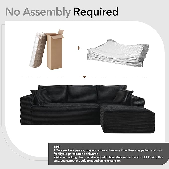 108'' Modular Sectional SofaComfy Cloud Couch with L Shaped ChaiseModern Deep Seat Boneless Couch for Living Room3 SeaterNo Assembly Required (Right-Facing ChaiseBlack)