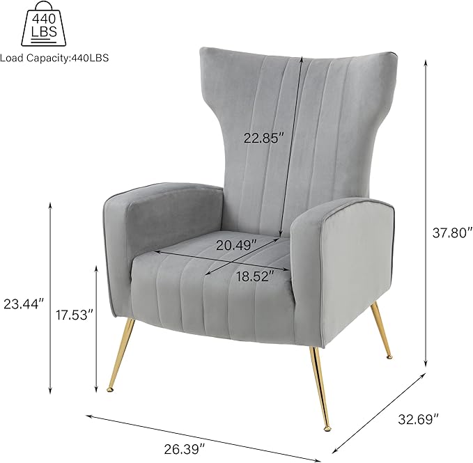 Accent Chair Upholstered Armchair with High Wingback &amp Metal Legs Mid-Century Modern Comfy Single Sofa Reading Chairs for Living Room Bedroom (Grey Set of 1)
