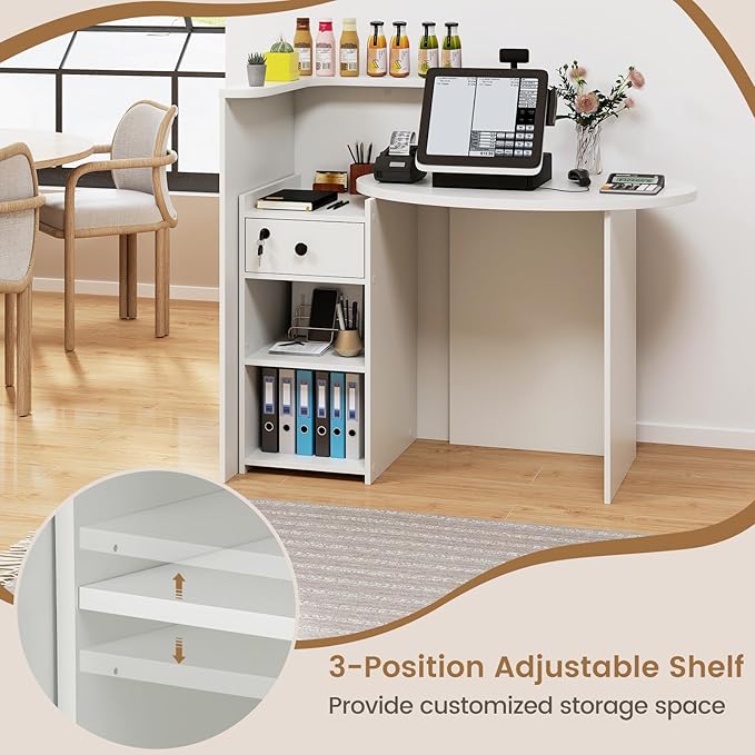 Reception Desk Small Retail Checkout Counter with Lockable Drawer and Open Shelves Wooden Front Desk Reception Counter Oval Desktop &amp L Counter for Store Office Lobby Salon (White)