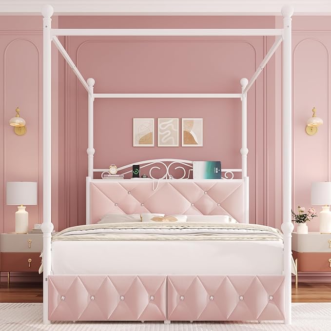 Queen Upholstered Canopy Bed Frame with 2 Drawers &amp Crystal Tufted Storage Headboard Two-Purpose Metal Platform Bed with 4 Removable Posts &amp Charging Station Pink Princess Bed Curtain Not Inc