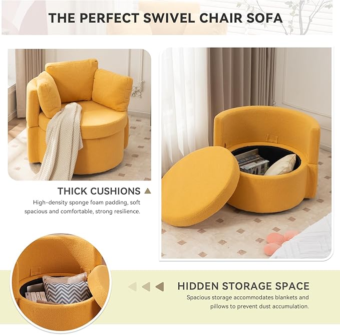 FOXHUNTER Swivel Barrel Chair 360 Degree Swivel Round Storage Chair with 3 Pillows Oversize Teddy Swivel Accent Chair Comfy Single Sofa Chair for Nursery Living Room Bedroom (Yellow)