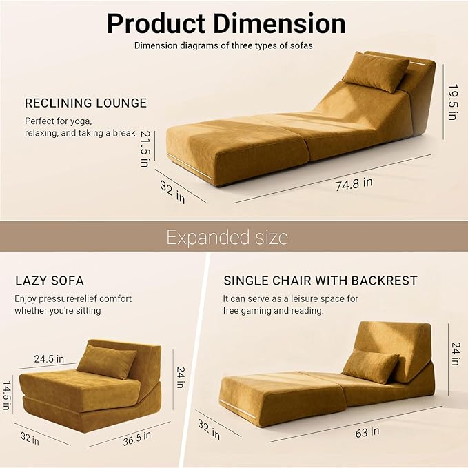 Folding Sofa Bed Chair Convertible Sleeper Sofa Couch Bed w/Pillow Lounge w/Back Support &amp Washable Cover for Living Room Bedroom Apartment Office (Yellow) | With ashable cover Foldable chai