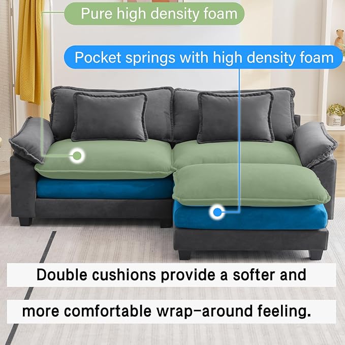 Sectional Sofa Comfy Cloud Couch for Living Room with Pillows Modern Velvet Sofa Sleeper Deep Couches with Ottoman (Grey 3-Seat)