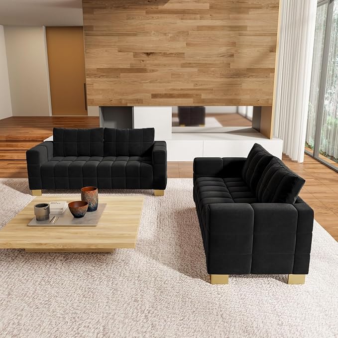 81.89 Sofa Comfy 3 Seat Sofa Tufted Chenille Upholstered Sofa Couch for Living Room with Gold Metal Legs and 2 Throw Pillows (Black（3+3）)