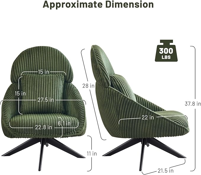 Furniliving Upholstered Swivel Accent Chair for Living Room Modern Armchair Side Chair with Headrest Bedroom Chair with Metal Legs Comfy Sofa Chairs with Pillow Large Corduroy Green