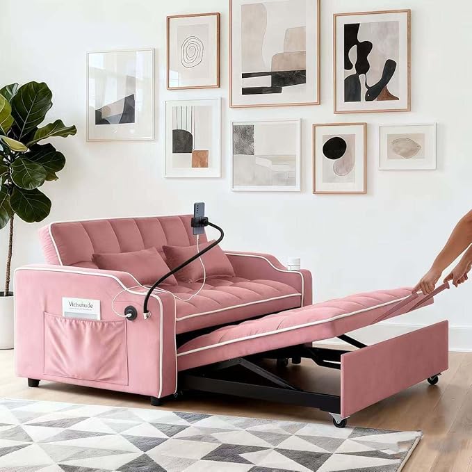 Loveseat Sofa Bed with USB Ports Phone Holder &amp Cup Holders | Convertible Futon Couch for Small Spaces Pull-Out Sleeper Sofa for Living Room &amp Apartments (Pink)