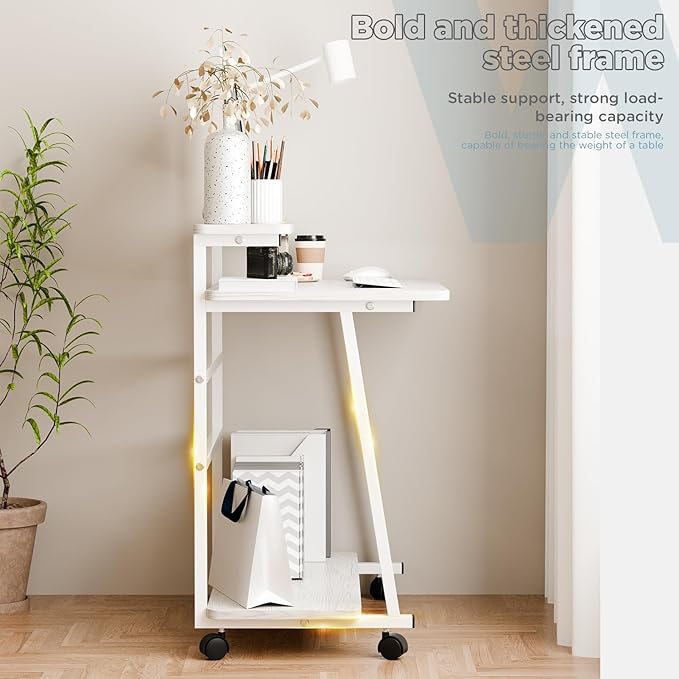 Rolling Computer Desk on Wheels for Small Space 3-Tiers Home Office Desk with Monitor Stand and Storage Shelves Freestanding Mobile Writing Table Laptop Table White