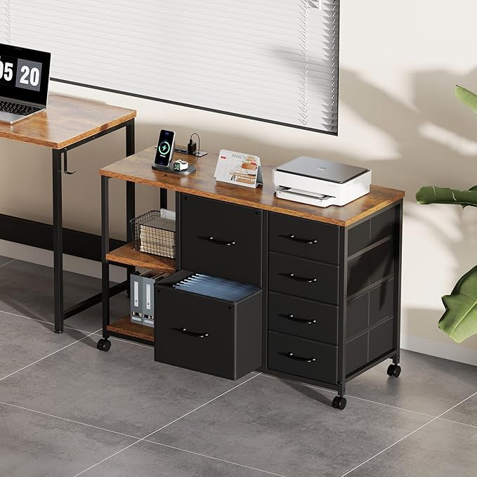 6 Drawer File Cabinet with Charging Station Rolling Printer Stand with Open Storage Shelf Fabric Lateral Filing Cabinet for Home OfficeRustic Brown