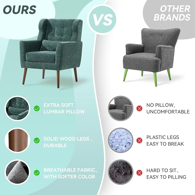 Modern Accent Chair Upholstered Armchair with Pillow Fabric Single Sofa Chair with Lounge Seat and Wood Legs Accent Chair for Living Room Bedroom Small Spaces (Blackish Green)