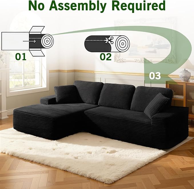 109.4” Modular Sectional Sofa Convertible Sofa Bed No Assembly Required Cloud Couch with Deep Seat Modern L-Shaped Boneless Sofa for Living Room (Black)
