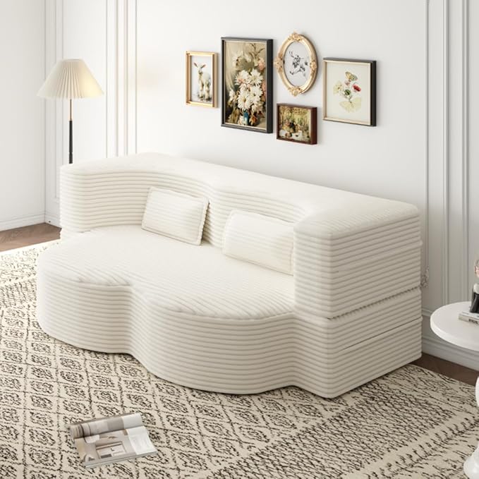 Convertible Sofa Bed Full Size｜78 Sleeper Couch with 2 Pillows｜Corduroy Fabric Folding Sofa Bed｜High-Density Foam｜No Assembly｜Space-Saving｜for Living Room Guest Room｜Beige