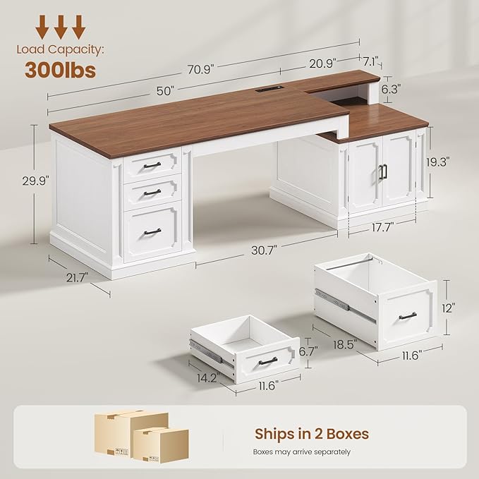 SEDETA 70.9 Executive Desk Farmhouse Office Desk with Drawers and Storage Cabinet Power Outlet Computer Deskfor Home Office Work Study Writing White