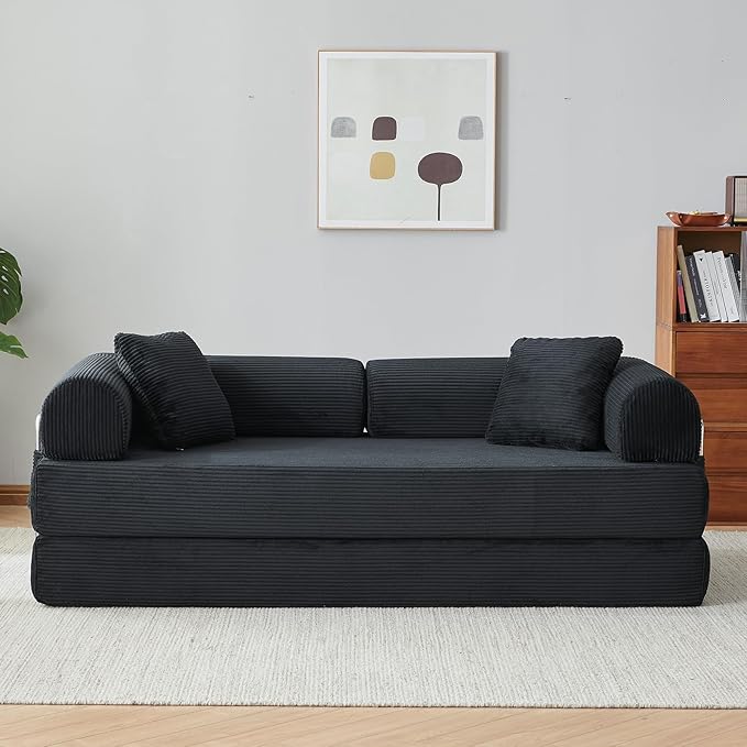 Antetek Modular Couch Bed Convertible Folding Plush Corduroy Comfy Floor Compression Loveseat Sleeper Sofa Couch King Size Bed for Guest Room Living Room Bedroom No Assembly Required Dark Black