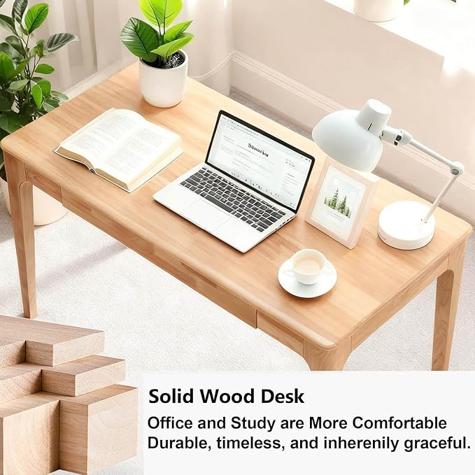 Solid Wood Desk40 Oak Wooden Desk with DrawersMid Century Modern Small Computer Desk with Drawers for Small Spaces Home Office Solid Wood Writing Desk (Wood Color-1 Drawers)
