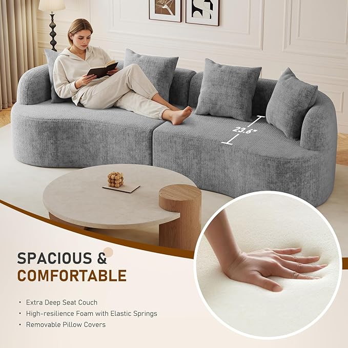 Furnimart 112 Curved Couches for Living Room Modern Chenille 4-Seater Sectional Sofa Deep Seat with 4 Throw Pillows Plush Modular Couch No Assembly Needed Dark Grey