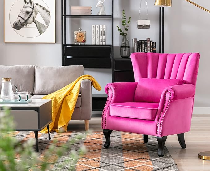 Kmax Rose Accent Chair Velvet Wingback Chair with Pillow Nail-Head Channel Tufted Oversized Club Chair for Living Room Bedroom Guest Room
