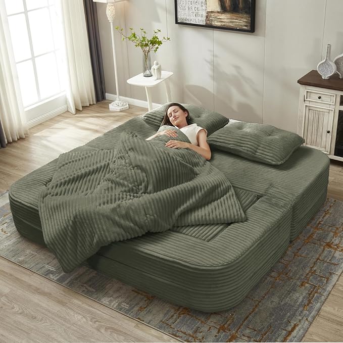Convertible Sleeper Sofa Bed with Chaise Lounge Set80 King Folding Mattress Cloud Floor Loveseat CouchCorduroy Boneless Sectional Couch for Living Room Bedroom ApartmentGreen