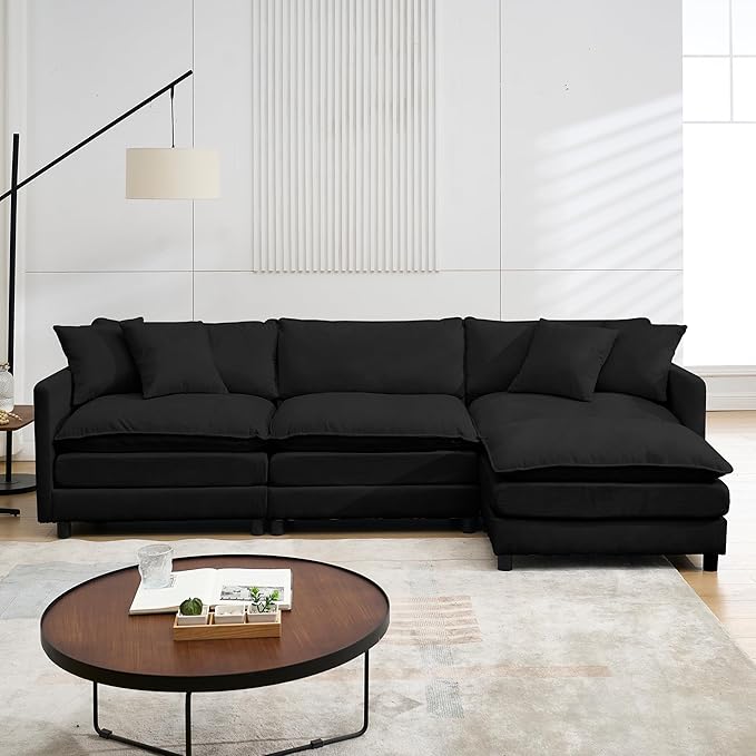 Modular Convertible Sectional Couch L-Shaped 4 Seat Sofa with Reversible Chaise Deep Seat Cloud Couch 3-in-1 Sleeper Sofa Bed Chenille Fabric for Modern Living Room Apartment Studio Office