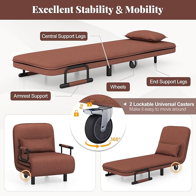 Giantex Convertible Sofa Bed 3-in-1 Folding Sleeper Chair with 5-Position Adjustable Backrest Wheels 2 Legs Recliner Chaise Lounge with Pillow Armchairs for Nursery Living Room Office (Brown)