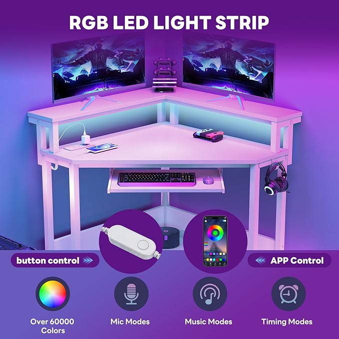 DUMOS Conner Desk Home Office Computer Desk for Small Space with LED Lights Gaming Table with Storage Shelves Power Outlets Monitor Stand Keyboard Tray for Bedroom White