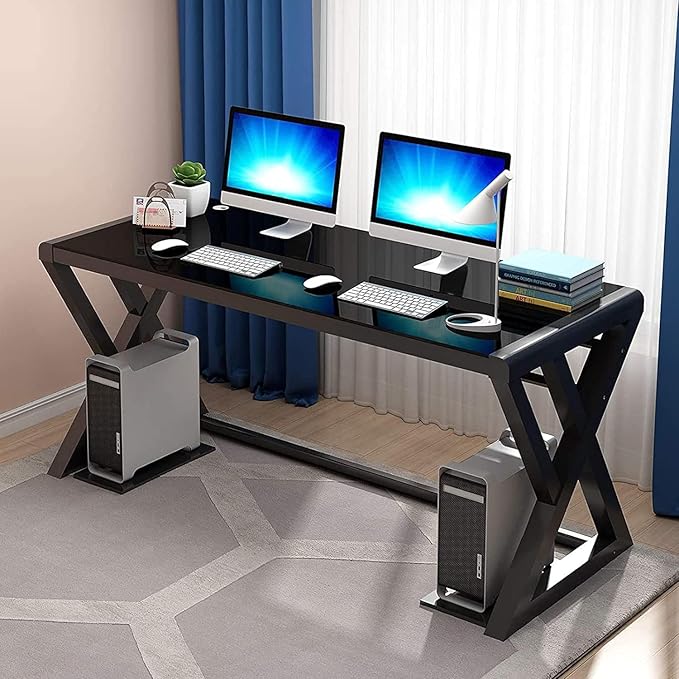 NA Glass Computer Desk with Metal Frame Home Office Desks Computer Table Modern Simple Office Study Gaming Work Writing Desk Table for Home Office Black (X-Shape-55.1inch)