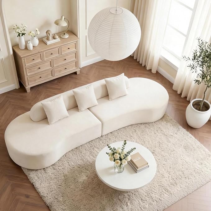 Txtin's 130” Curved Cloud Couches for Living Room | Modern Boneless Sectional Comfy Sofa | Oversized Plush Modular Couch with 3 Pillows | Beige