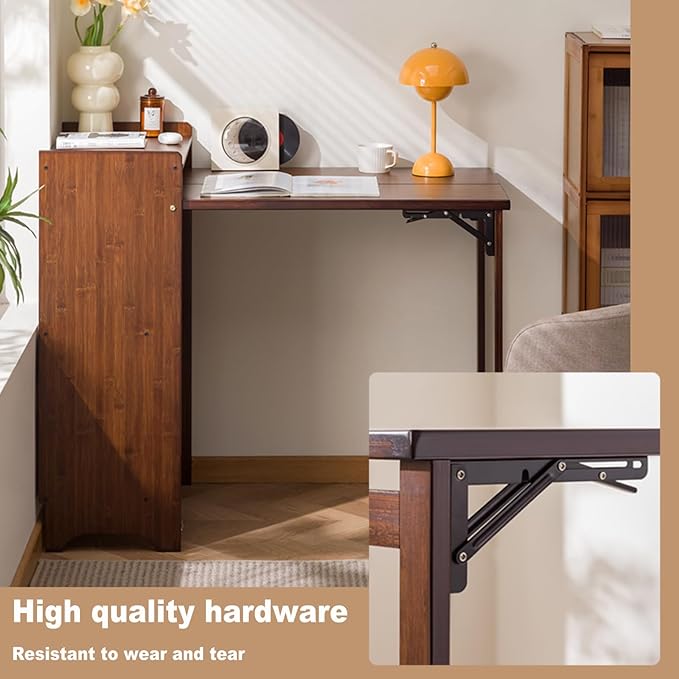 Bamboo Folding Desk with Storage Shelves Space Saving Mid Century Modern Bookcase with Drop Down Table Hide Away Desk for Home Bedroom Study Office