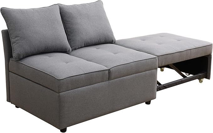 Sleeper Sofa 4-in-1 Convertible Ottoman Couch Bed Modern Sackcloth Futon Sofa Bed with 2 Pillows Adjustable Backrest Recliner Folding Loveseat for Living Room Apartment Dorm OfficeGrey